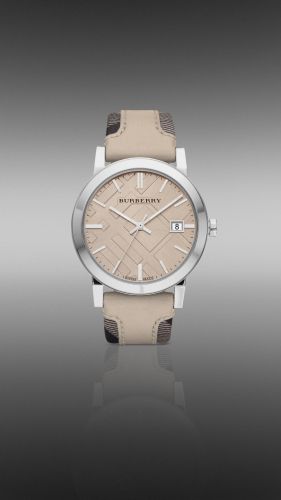 Burberry Beige 38mm Stainless Steel Watch with Smoked Check Leather Strap